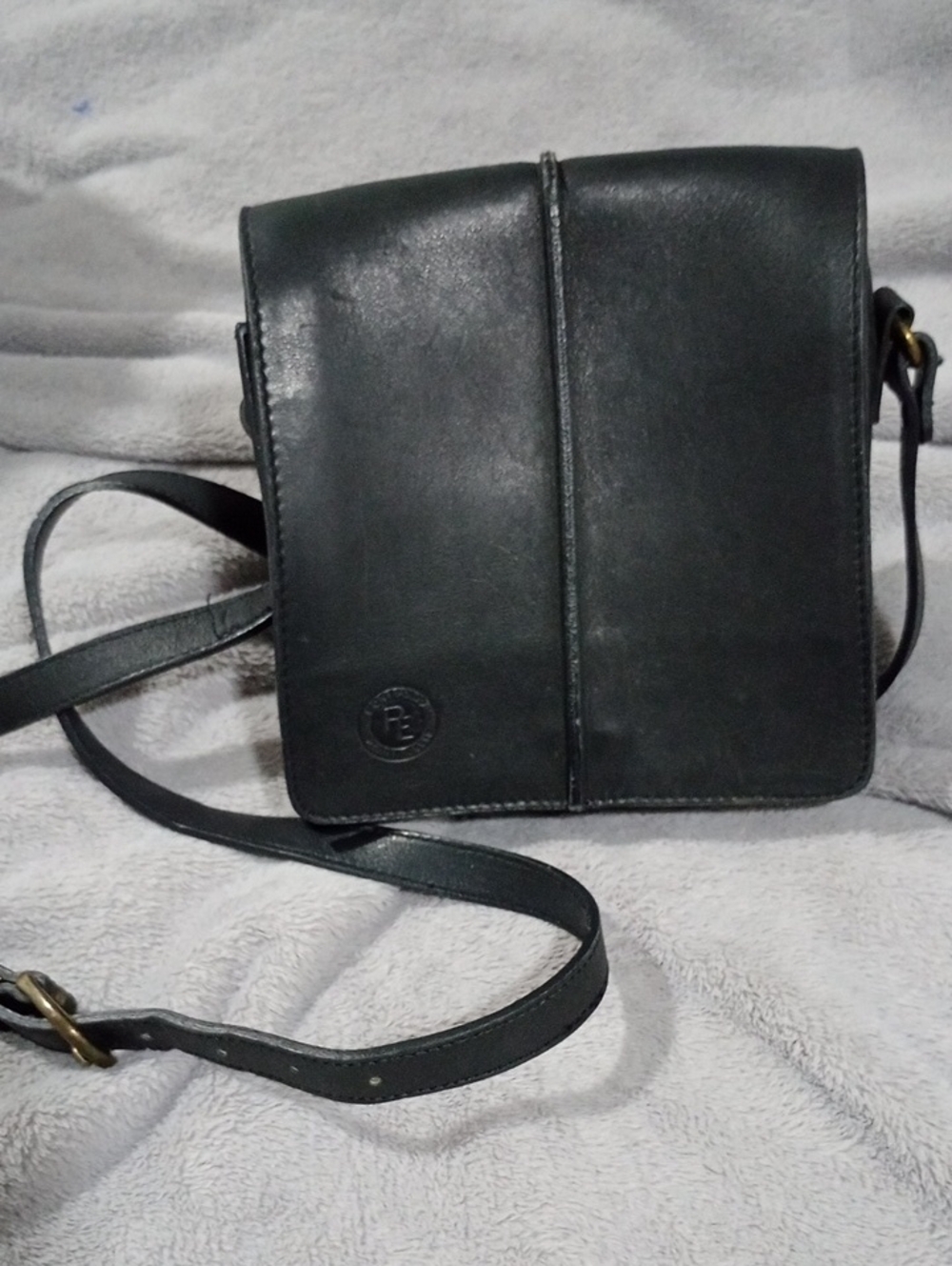 vintage Perry Ellis Black Leather Crossbody with Brass Snap